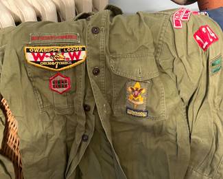 Vintage Boy Scouts uniforms and patches from Owasippe Lodge and Cahokia Chapter  from 1960s neckerchiefs, vest and green garrison caps and pants and shirts