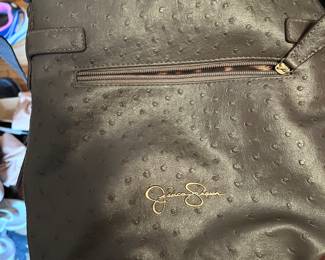 Jessica Simpson Taupe Ostrich-Embossed Crossbody Bag with Front Zip Pocket