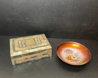 Mother of pearl inlay box & enamel painted bowl vtg