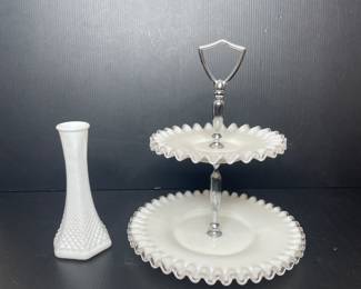 Vintage milk glass vase & tiered tray