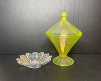 Vintage covered candy dish & iridescent glass dish vintage