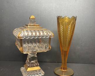Vintage glass candy dish & vase
