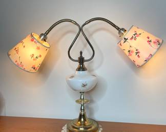 vintage brass and porcelain double two-arm table lamp