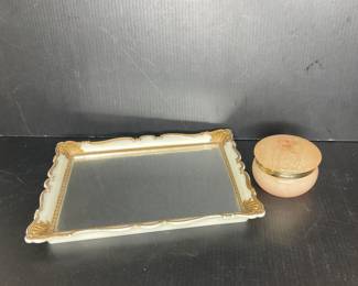 Vintage mirrored vanity tray & Italian Alabaster trinket box