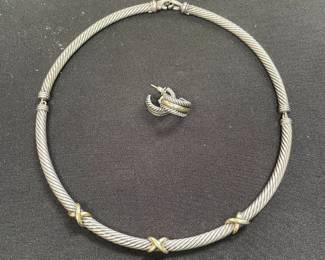 David Yurman Sterling Silver 14k gold cable triple X station necklace & cable huggie earrings