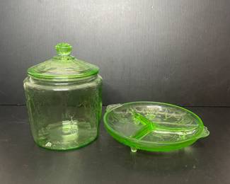Green depression glass divided dish & cookie jar vintage