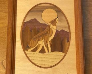 Wood marquetry wall art, signed Nelson