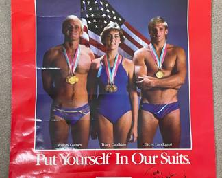 Vintage swim advertising poster signed by Steve Lundquist