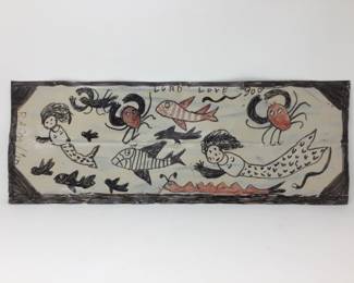 Reuben Miller, Mermaid and Sea Creatures. 7 5/8" x 21" folk art painting on tin panel