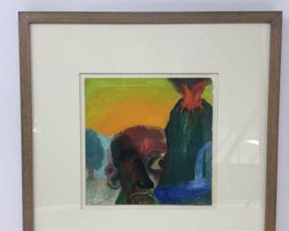 Ken Kiff, Head, Volcano and Waterfall. Framed 6 1/4" x 6 1/2" watercolour on paper.