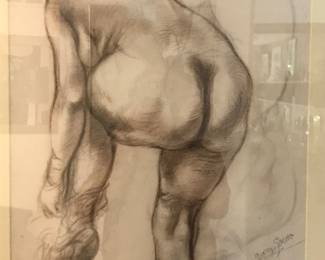 George Grosz, "Nude, back view" 1939. Framed 24" x 17" signed brown chalk drawing