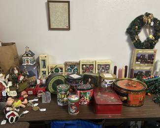 Christmas decor and Christmas themed tins
