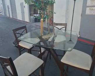 MK309Round Acacia Wood And Glass Top Table With 4 Chairs And Accessories 