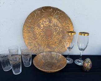 SG148Vintage Dorothy C. Thorpe Gilt Gold Glass Plate And Bowl 