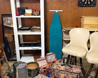 Sewing machine case, bar stools, ironing board, mirror