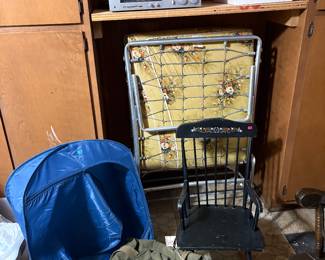 Vintage Roll Away bed, rocking chair, Army Duffle Bag