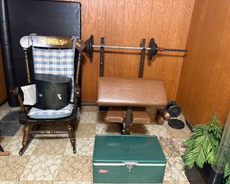 Rocking Chair, Weight Bench, Coleman Cooler