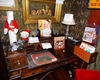 A Great Little Mahogany Spinet Desk and An Original Oil on Canvas "Puppies" painted before 1926, When The Artist Died