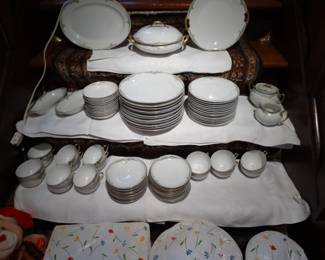  A Lg Service for 12 w/ 18 Cups and Saucers in a Delicate hand Painted edge by Mieto China  All tahe china includes sets of storage containers