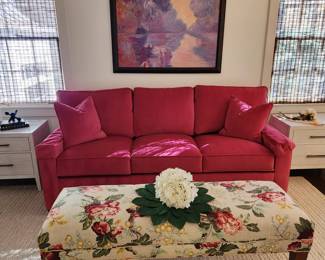 Ethan Allen Pink Velvet Sofa and Floral Upholstered Bench