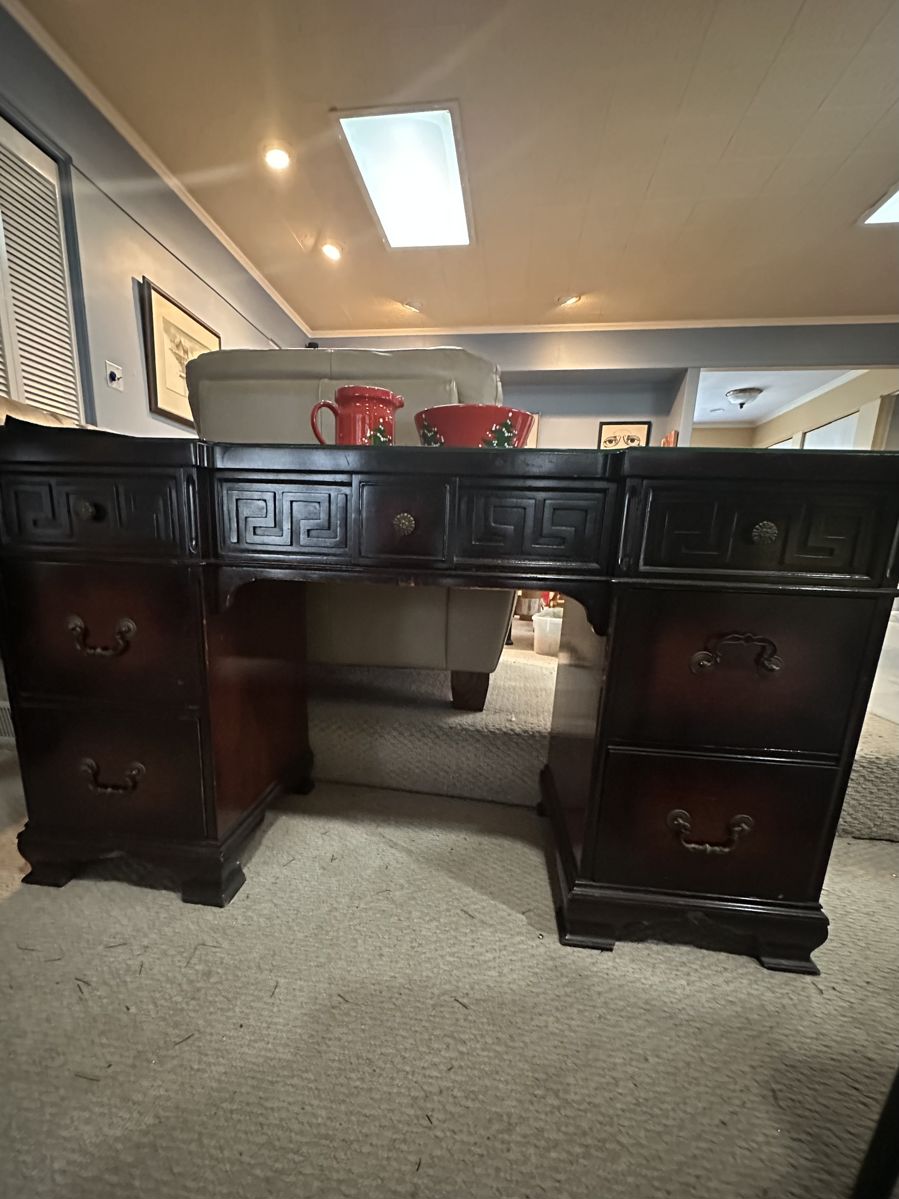 Dark Wood Desk with Greek Key carving 