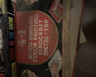 60s/70s Vintage 4-in-1 Combination Wood Burning, Color Painting, Kirocraft, Metal-Tap craft kit.