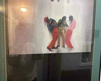 Print by Jim Tanaka titled "Black, Brown and Beige" depicting jazz musicians.