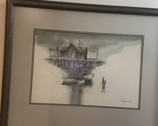 Framed watercolor and ink painting of a boathouse by J. Palombaro.