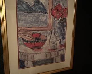 Impressionistic still life painting of fruit, flowers, and a landscape view.