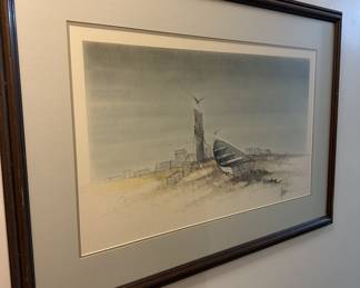 A framed watercolor painting of a coastal scene by John Haymson.