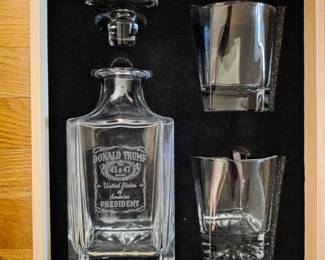 Donald Trump whiskey decanter and glasses. 