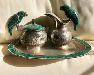 Beautiful Mexican Taxco silver cream and sugar with inlaid onyx