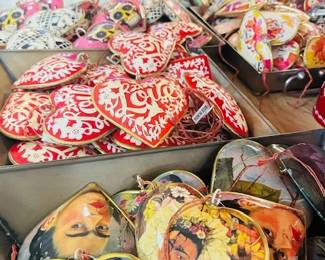 Frida Kahlo, Day of the Dead and Virgin Guadalupe metal heart ornaments.
