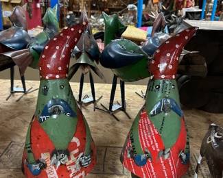 Metal Santa and assorted metal animals.