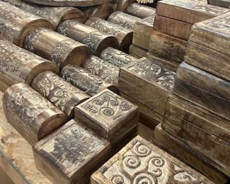 Handcarved wood frames and boxes. Mango wood.