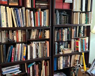 Books to choose from and wood shelves 