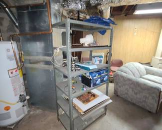 Metal shelving and various items