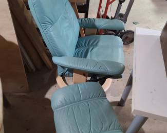 Vintage leather blue chair with footrest