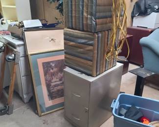 Art, decor, file cabinet, and foot stools