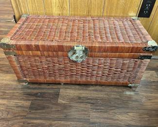 1970's Vintage Chinoiserie Storage Chest In Rattan With Brass Accents
Excellent condition! 
28” x 12” x 12”
