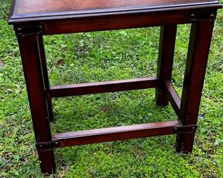 Small End Table with Leather details
Good condition, some very minor imperfections
16” x 10” x 16” tall