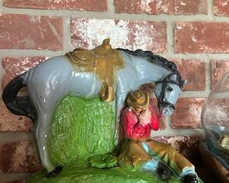 Vintage Chalkware Bull Piggy Bank
No chips or cracks, however there is the obvious paint missing.
15” long x 8” tall 