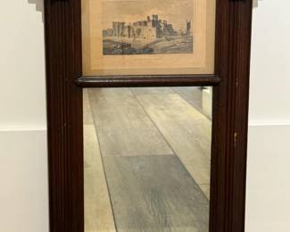 175 AntiqueWoodTrumeauMirrorEngravingofMiddlehamCastleYorkshire