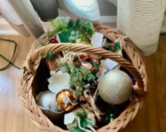 Christmas ornaments in basket. Marked for sale.