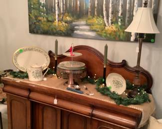 Gorgeous solid walnut Buffett with a beautiful rounded top. Has 3 rounded drawers at the top with many shelves at bottom. Price is; $475.00