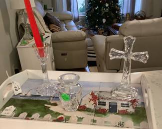 Just some crystal on serving tray in kitchen. One piece is Waterford.