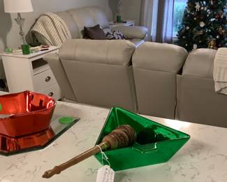 Colorful snack trays on counter.
