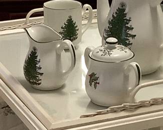 Bed tray with glass tray with tea pot, creamer and sugar, and cup. What a beautiful thing to have your hot tea or hot chocolate Christmas morning.
