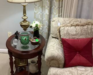 The other end table with glass shelf and shelf on bottom. Also measures: 27 1/2 length, 21 3/4” width, 24” height. Price: 95.00 each.