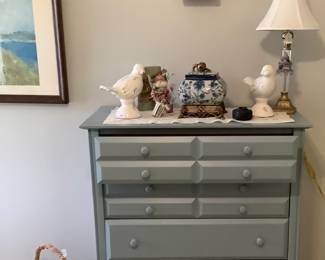 Hand painted 5 drawer chest. Measures: 37 1/2” width, 18 1/2” depth, 45” tall. Price: $145.00.